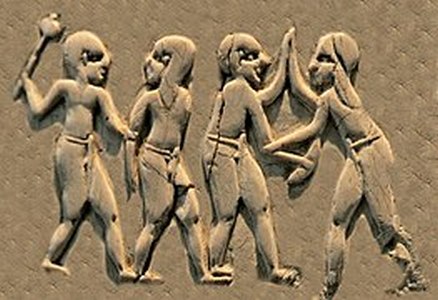 263px Bald headed attackers armed with mace and knife against unarmed opponents with long hair all wearing penile sheaths on the Gebel el Arak knife