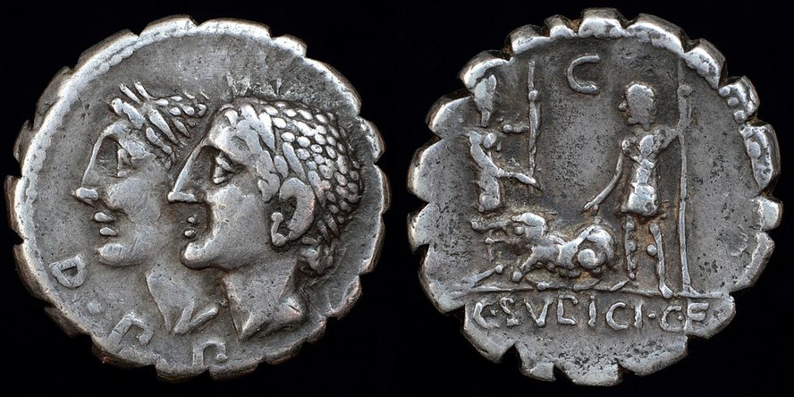 AR serrate denarius of C. Sulpicius C. f. Galba