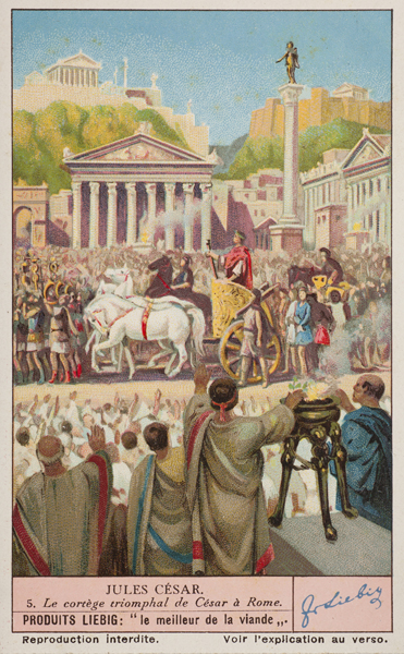 A 20th century depiction of a Roman triumph celebrated by Julius Caesar. Caesar riding in the chariot wears the solid Tyrian purple toga picta. In the foreground two Roman