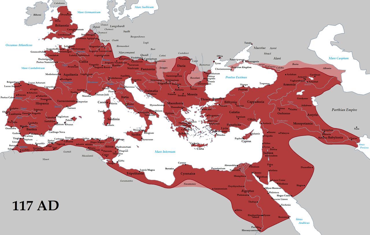 A birodalom legnagyobb kiterjedése idején 117 ben Traianus uralkodása alatt