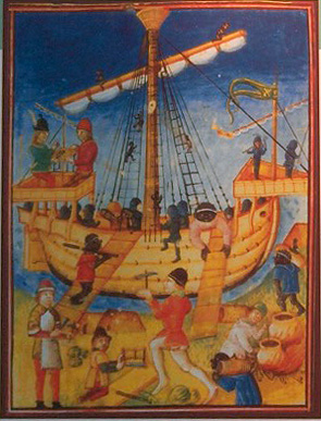 A painting from the 16th century showing a caravel being provisioned in the port of Lagos depicting Africans and Europeans