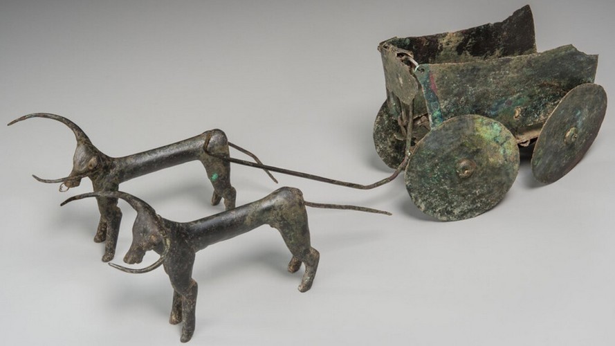 Anatolian Wagon with Oxen ca 2000 1500 BC Bronze H 6 5 slash 16 in 16 dot 0 cm L 19 5 slash 16