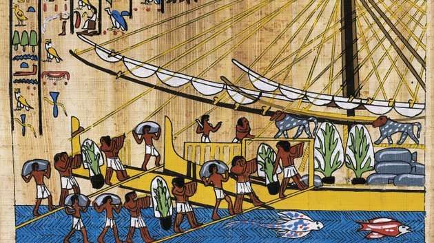 Egyiptomi kereskedőhajó készülődik a Punt földjéről vezető úthoz