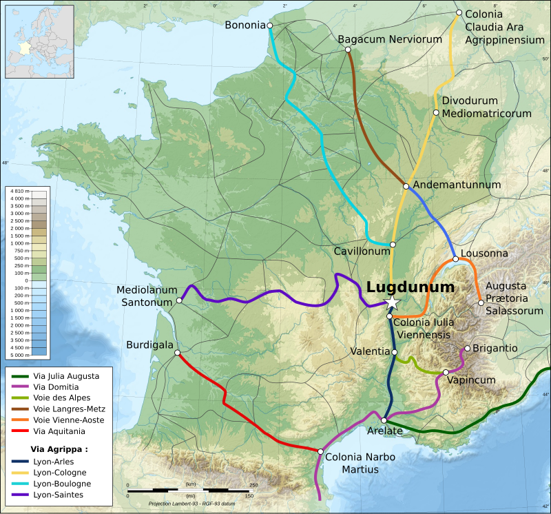 France map Lambert 93 topographic ancient Roman roads.svg