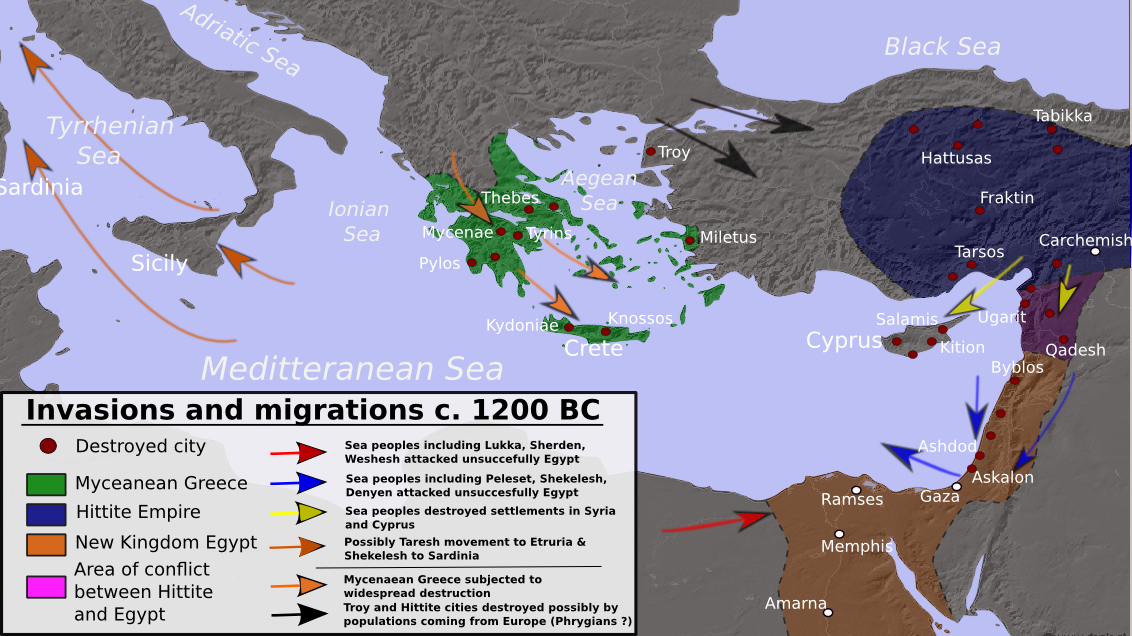 Invasions destructions and possible population movements during the Bronze Age Collapse ca. 1200 BC