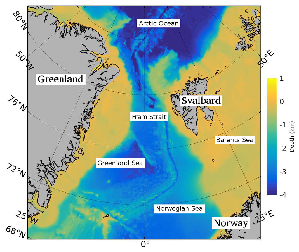 Location of Fram Strait with surrounding geographical places