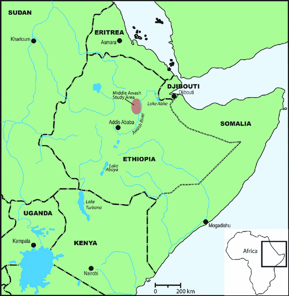 Map of Ethiopia showing the location of the Awash River and the Middle Awash project area