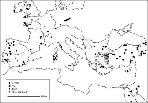 Map of the Mediterranean showing the location of principal ore deposits Map drawn by