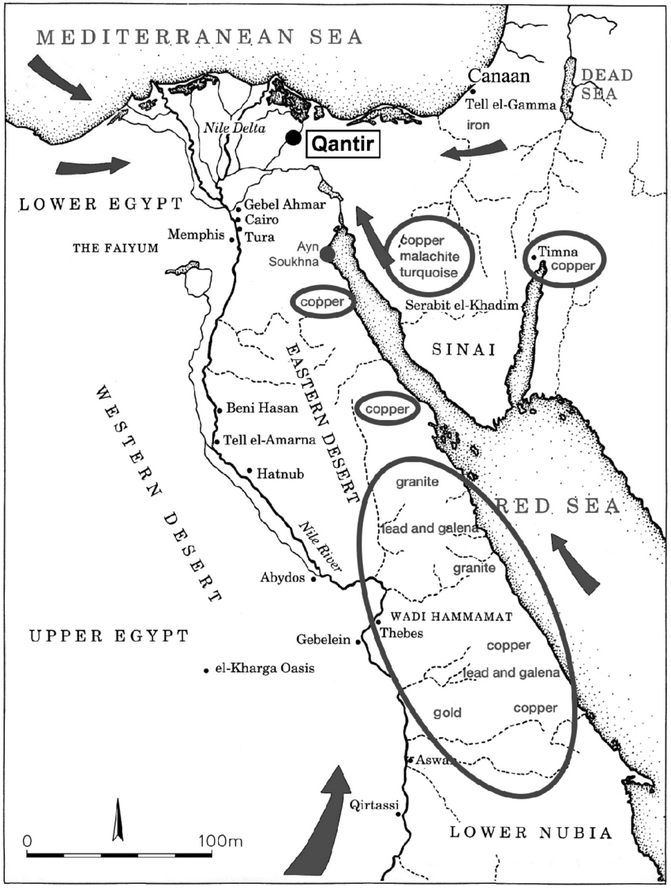 Map showing Qantir Pi Ramesse and possible sources of metal for ancient Egypt Circled