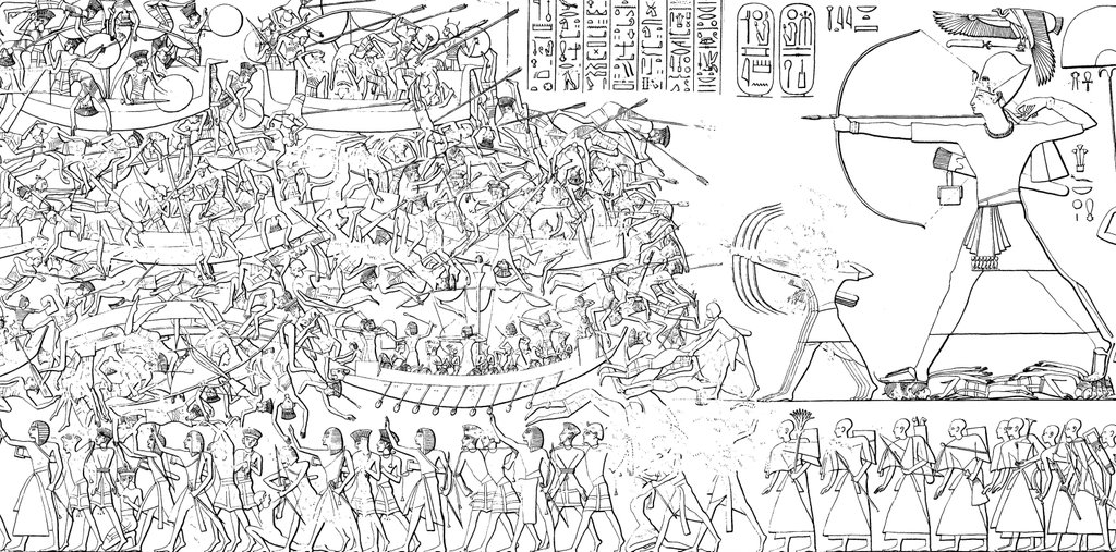 Medinet Habu falikép középen egyiptomi hajó és mint a minószi Danunák kacsafejes hajókkal