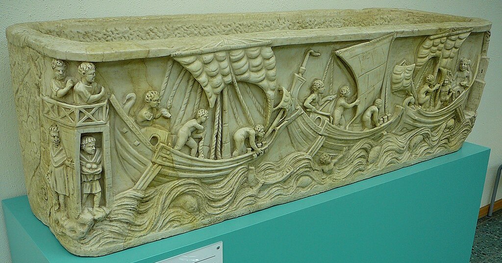 Museum für Antike Schifffahrt Mainz 01. Spritsail Roman sarcophagus from the 3rd century