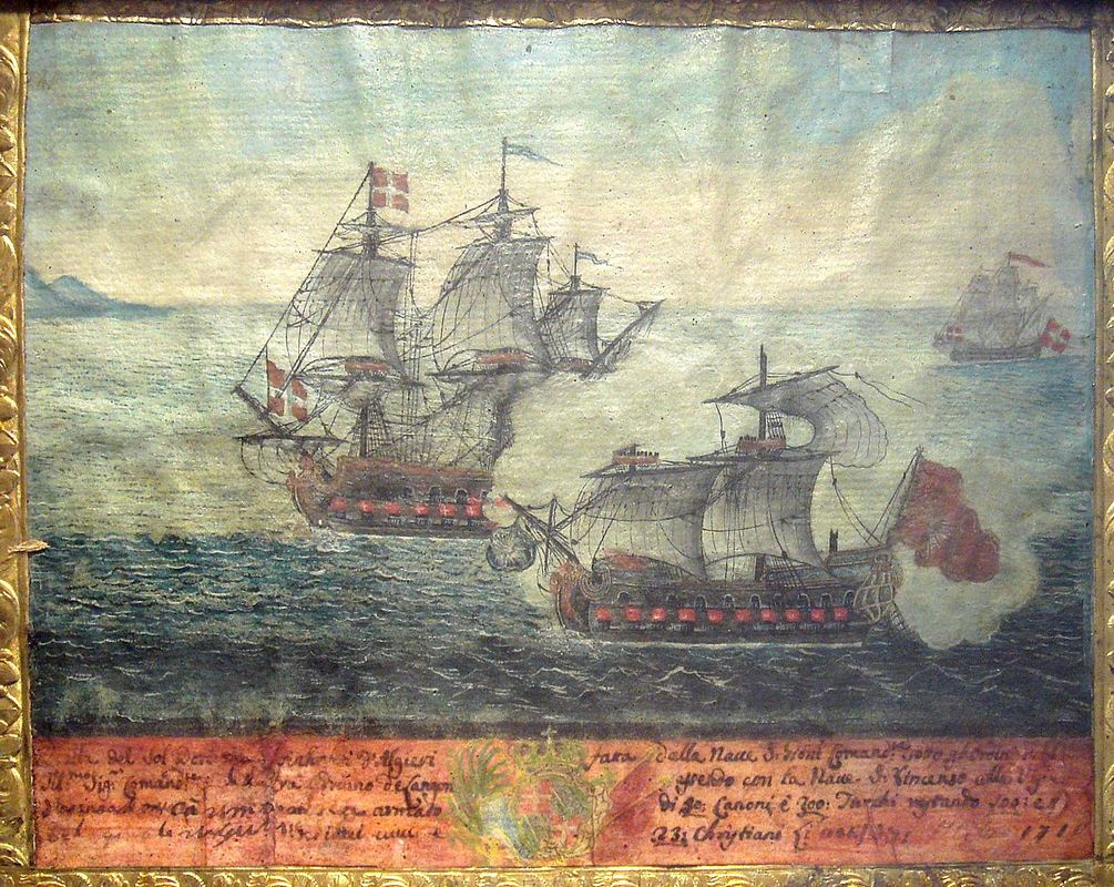 Máltai algiri1719 ben. A Turkish ship from Alger and a ship of the Order of Malta under Langon 1719