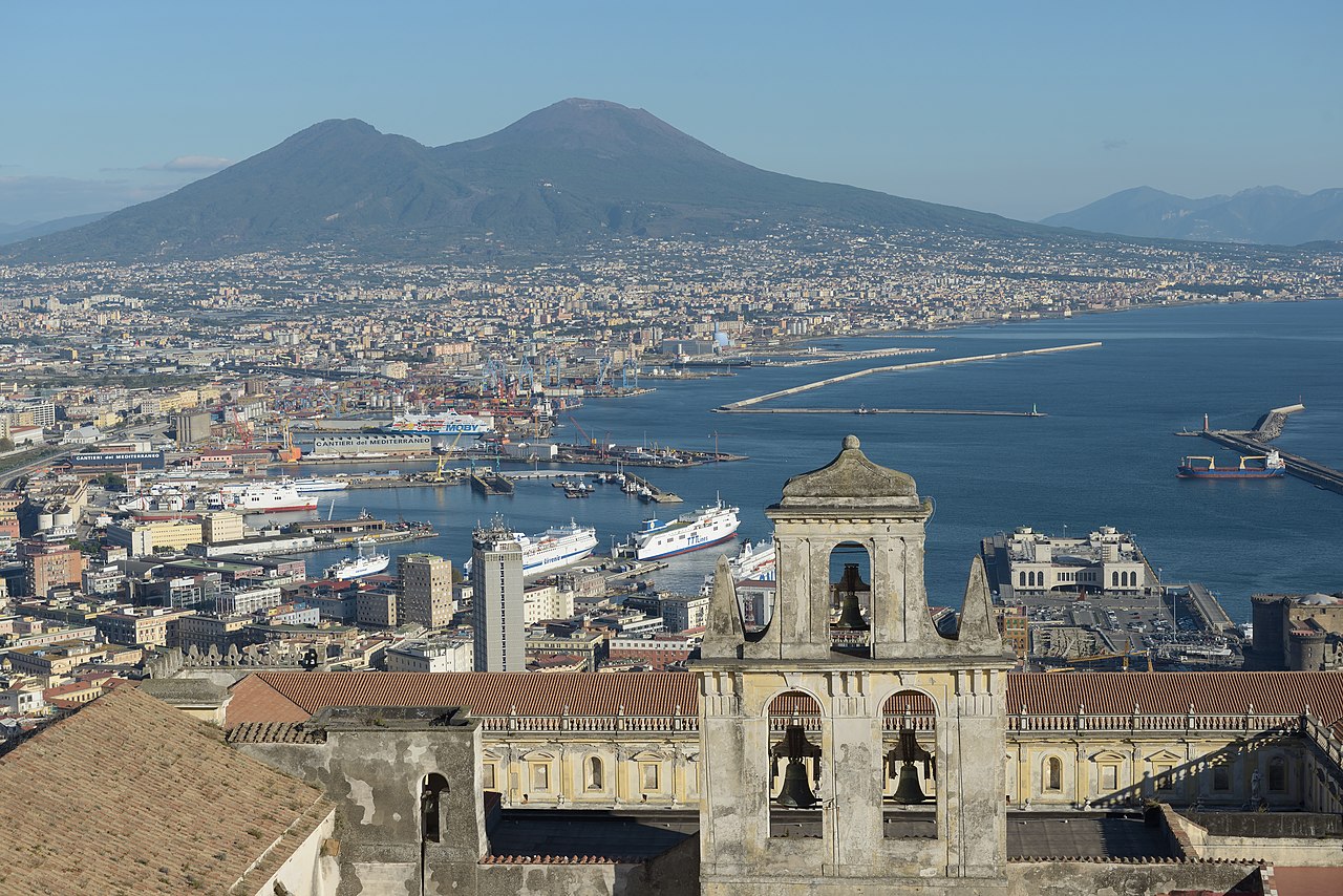 Naples from the Castello Sant Elmo with Abbazia San Martino the port and the Vesuv