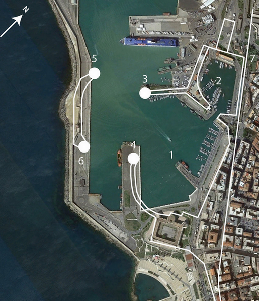 Plan of the port of Roman Centumcellae superimposed over todays port of