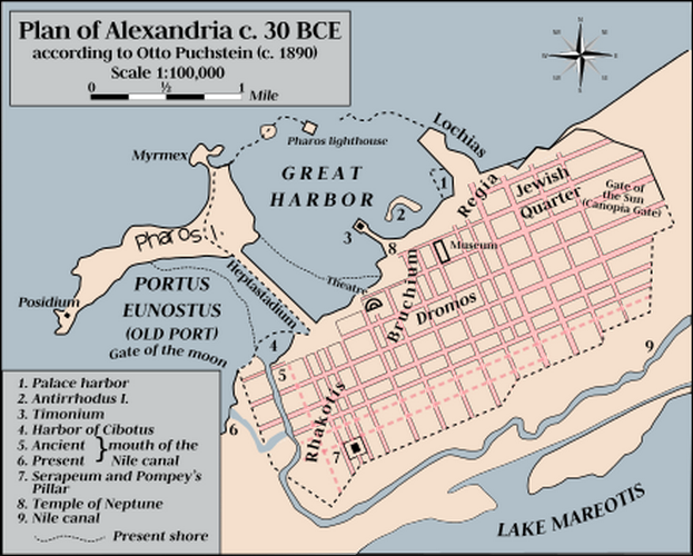 Plan of Alexandria c 30 BC Otto Puchstein 1890s EN.svg
