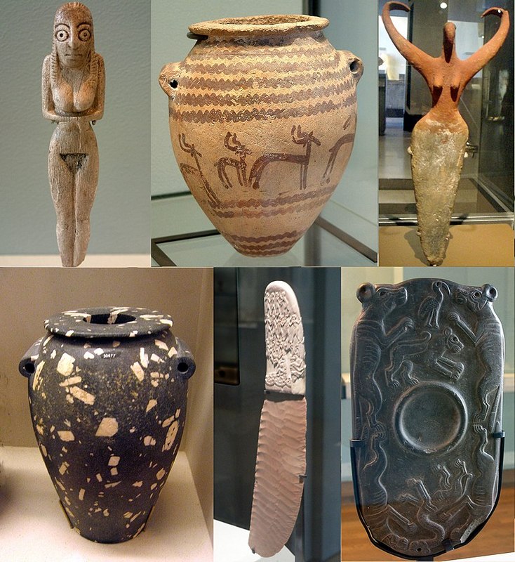 Predynastic collage Artifacts of Egypt from the Prehistoric period 44003100 BC a Badarian ivory figurine a Naqada jar a Bat figurine a cosmetic palette a flint knife and a diorite vase