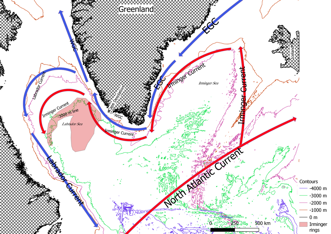 Qualitative map of the Labrador sea currents. With the area of maximum EKE marked. With Depth contours