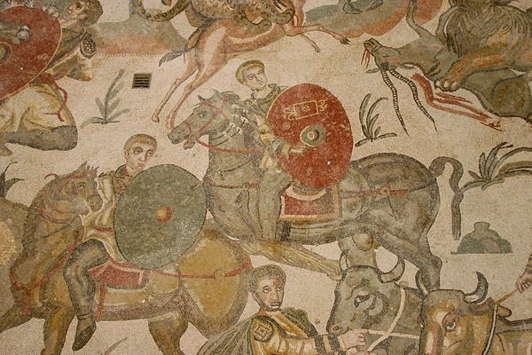 Roman cavalry Big Game Hunt mosaic Villa Romana del Casale Italy 2015