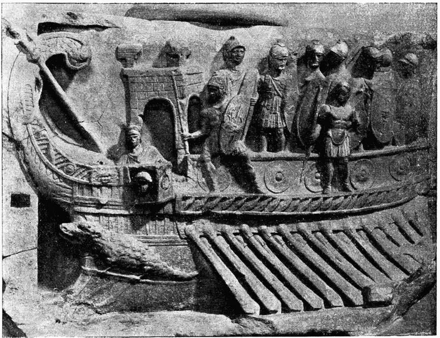 Roman naval bireme depicted in a relief from the Temple of Fortuna Primigenia in Praeneste Palastrina22 which was built c. 120 BC23