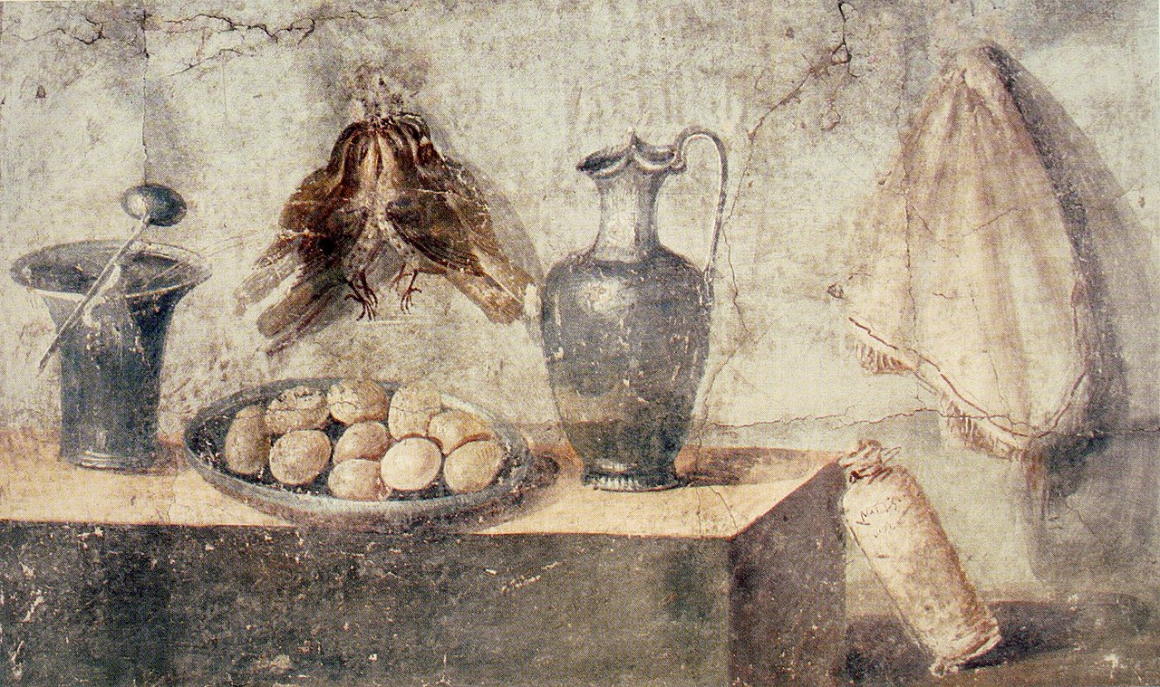 Still life with eggs birds and bronze dishes Pompeii