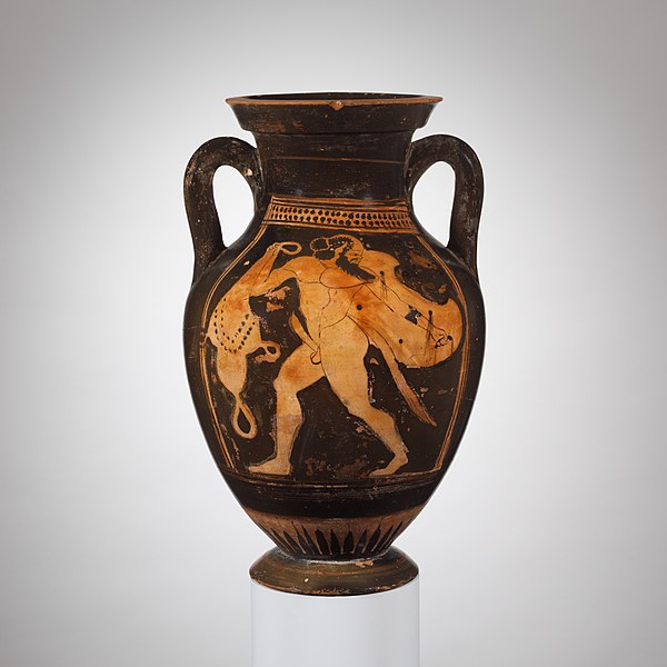 Terracotta amphora jar MET DP115270 satyr with pelta and wineskin