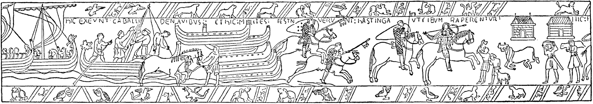 This section from the Bayeux Tapestry shows horses being unloaded during William the Conquerors invasion of England in 1066. He brought over 2000 horses with him across the Channel.8