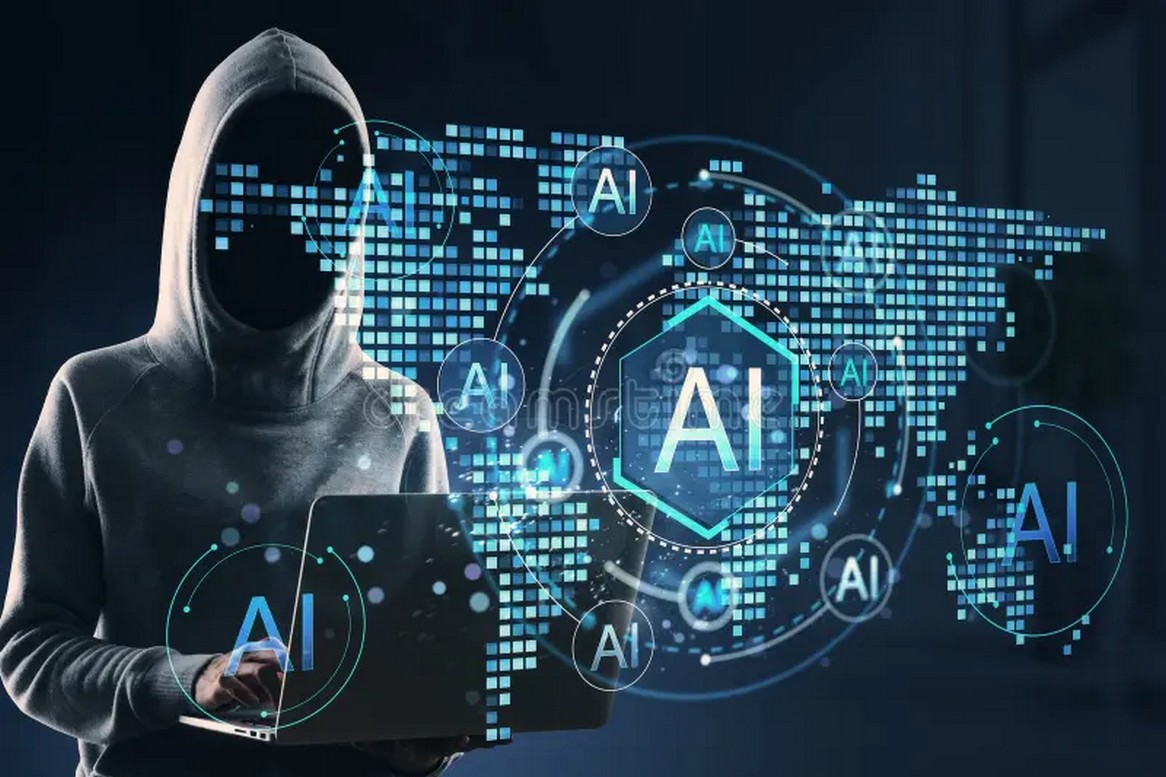 anonymous hacker hoodie using laptop ai digital world map neon 