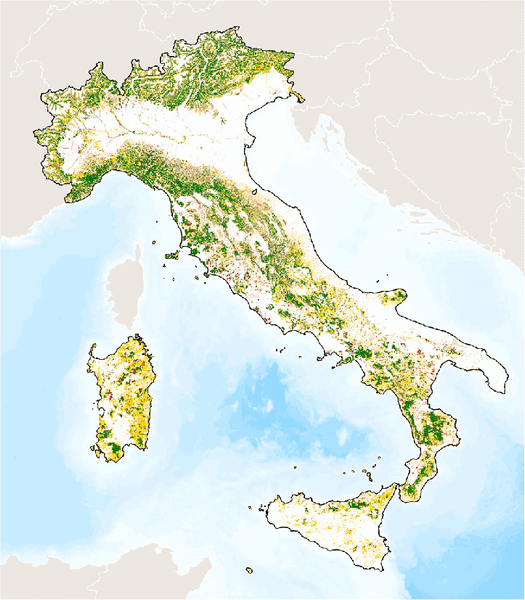 map of Italy showing the forests present in 1936 and still presents in 2018 in green