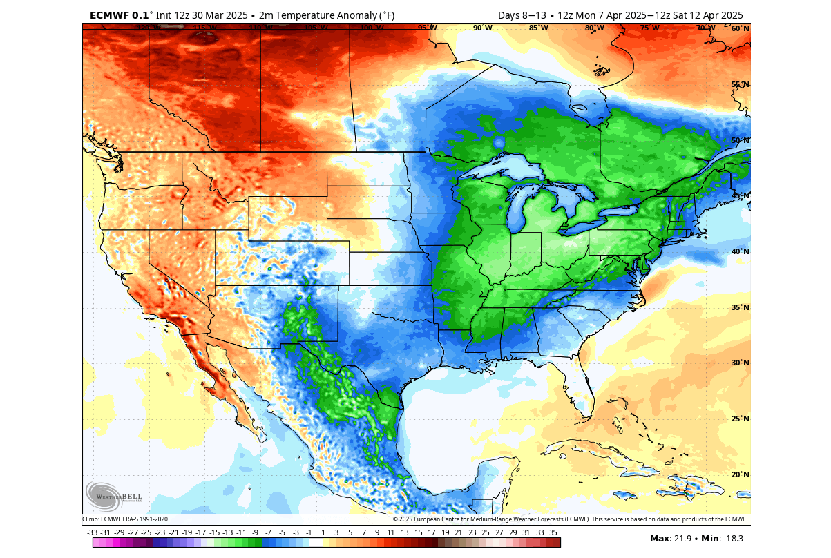 polar vortex impact 5 day forecast temperature anomaly united states canada mid april cold