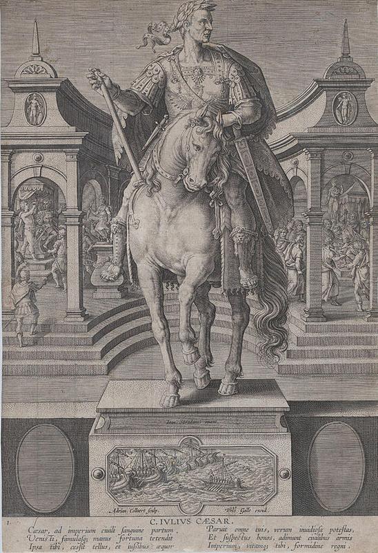 statue of julius caesar seen from the front with a scene of a naval battle on pedestal below from roman emperors on horseback adriaen collaert stradanus